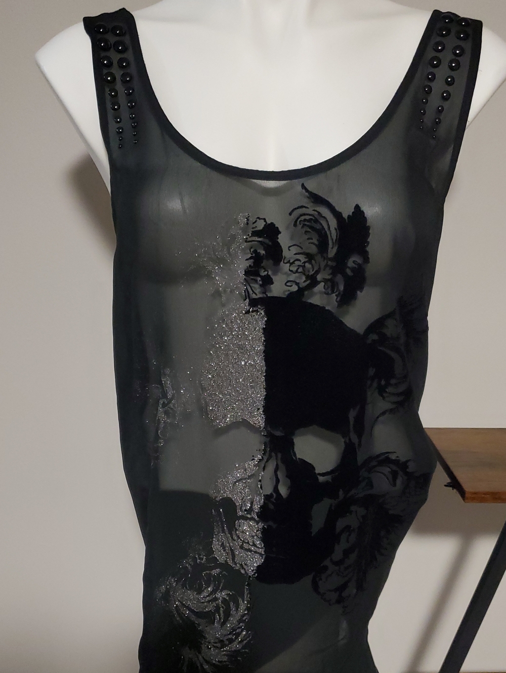 Rock & Republic Black Sheer Studded Skull Tank